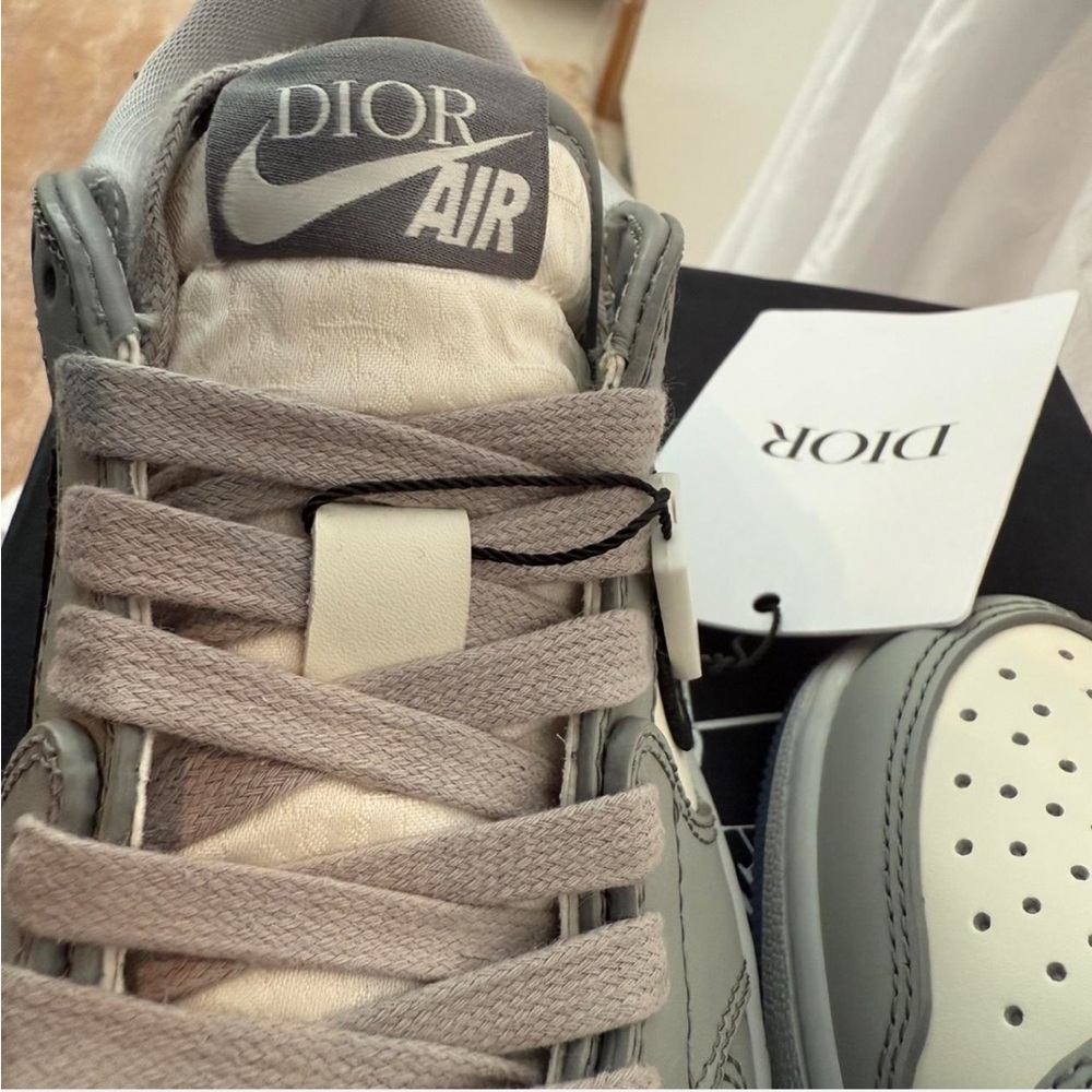 Dior x Air Jordan 1 Low Sneakers - gray & white leather w/Dior MM navy Swoosh. - Picture 7 of 9
